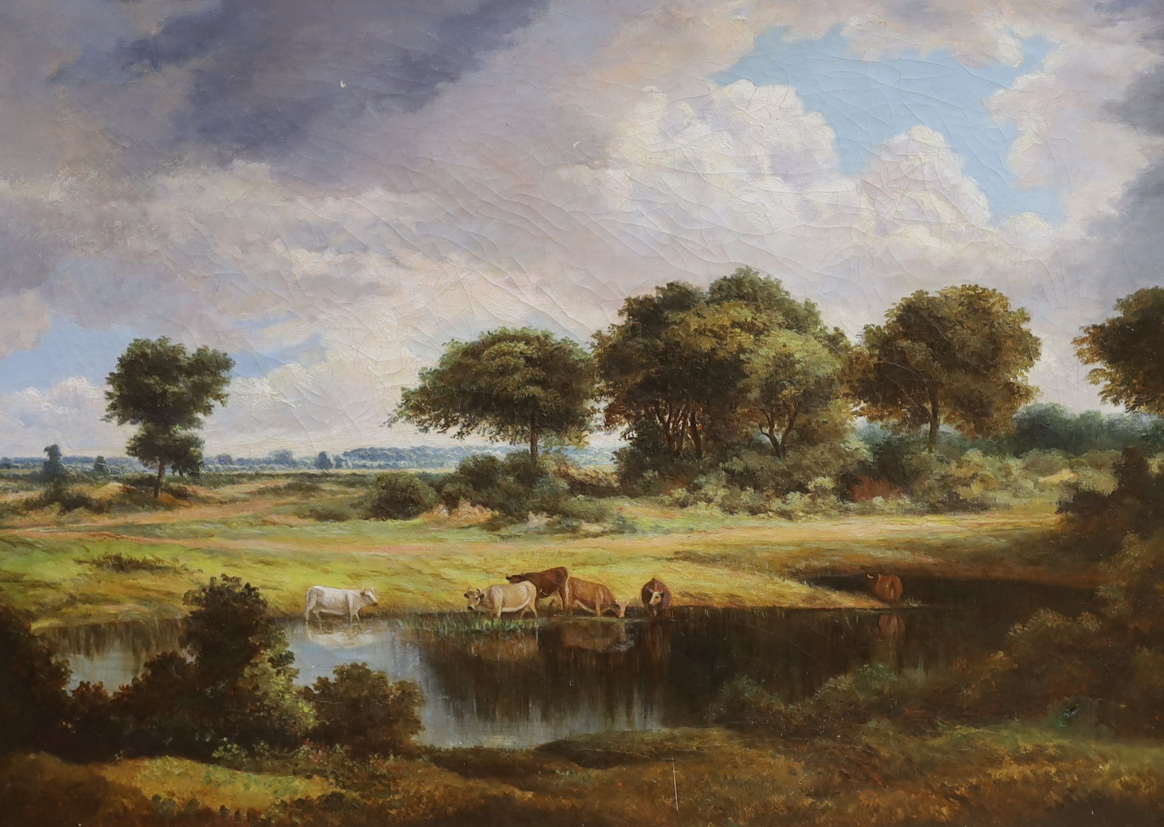 19th century English School, oil on canvas, Cattle watering in a landscape, 50 x 68cm